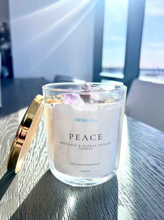 Peace Candle: Amethyst Crystal and Floral Infused Candle